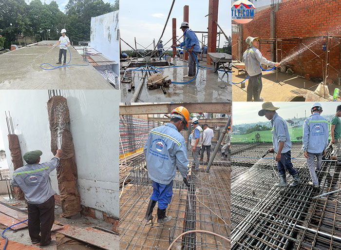 Công tác bảo dưỡng bê tông cột, sàn trước và sau khi đổ bê tông, xây tường 