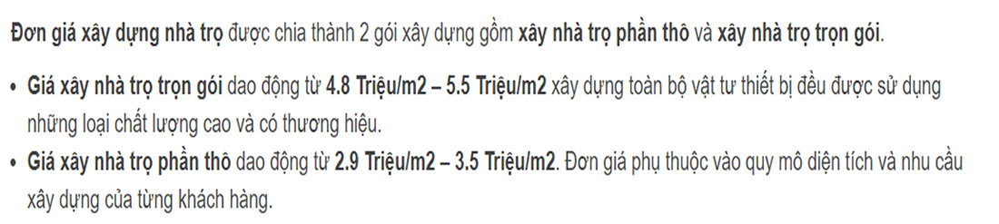 Đơn giá xây nhà trọ trọn gói và đơn giá xây nhà trọ phần thô tại TPHCM