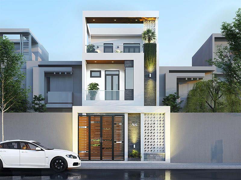 Hình ảnh phối cảnh mặt tiền căn nhà 1 trệt 1 lầu phong cách thiết kế hiện đại, có tum.