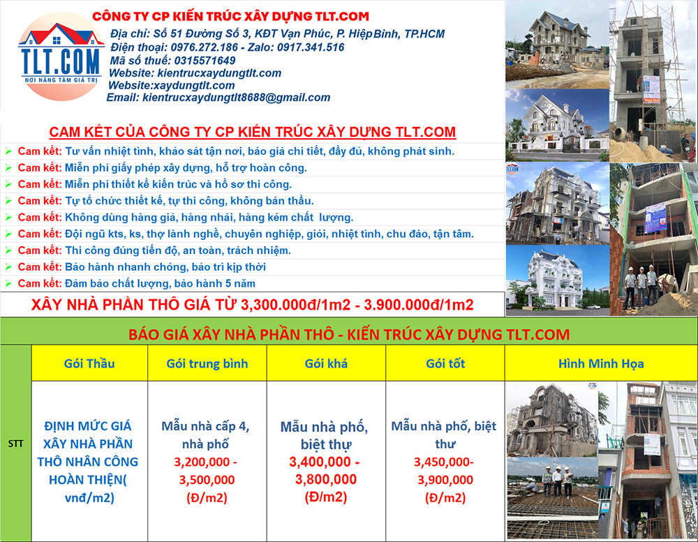 Bảng giá xây nhà phần thô 1 trệt 2 lầu 