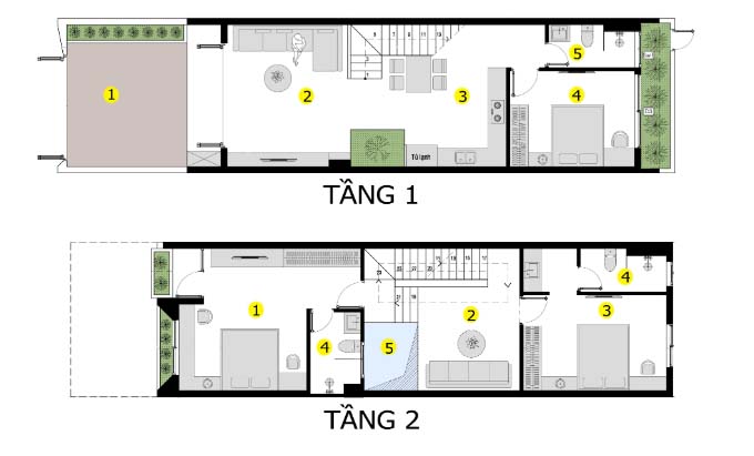 Bản vẽ nhà 1 trệt 1 lầu 5x15