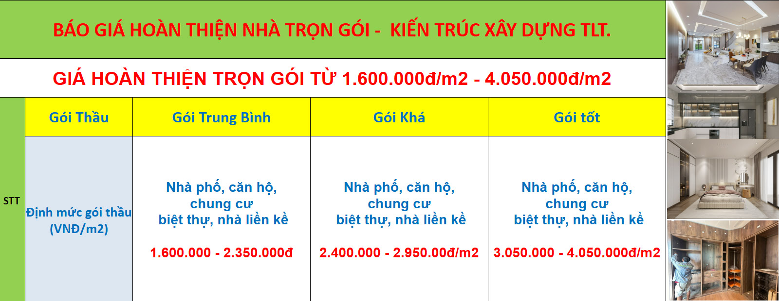 Đơn giá hoàn thiện nhà trọn gói 