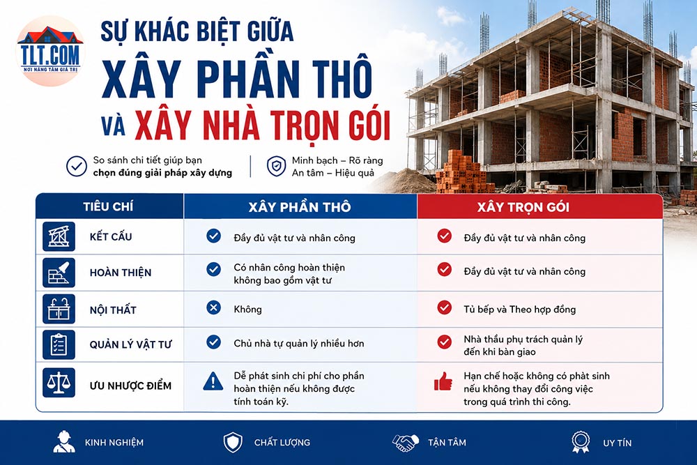 Sự khác biệt giữ xây nhà phần thô và xây nhà trọn gói
